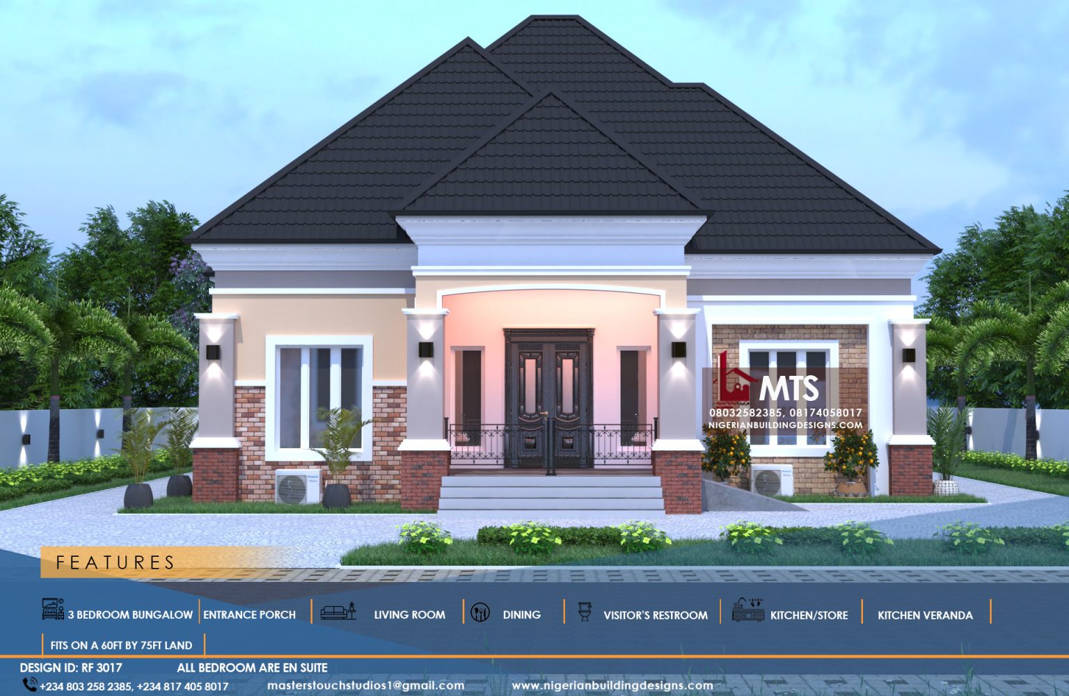 3 BEDROOM BUNGALOW (RF 3017) – NIGERIAN BUILDING DESIGNS